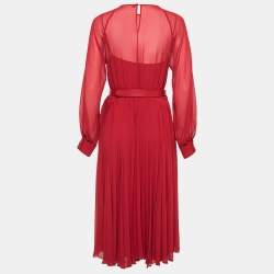 Max Mara Studio Red Chiffon Belted Pleated Dress M