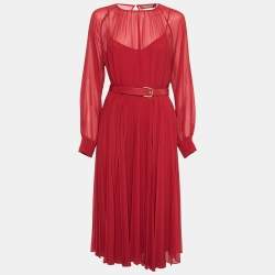 Max Mara Studio Red Chiffon Belted Pleated Dress M