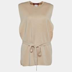 Pre Owned Max Mara Studio Beige Knit Tie Up Poncho Top S