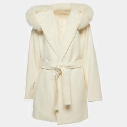 Pre Owned Max Mara Studio  Ivory White Hooded Belted Coat L