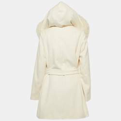 Pre Owned Max Mara Studio Ivory White Hooded Belted Coat L
