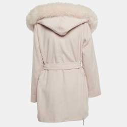 Max Mara Studio Light Pink Wool Fur Trim Hood Belted Jacket L