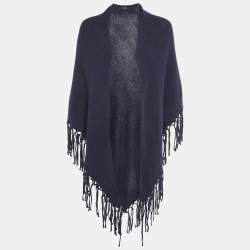 Pre Owned Max Mara Navy Blue Wool Knit Fringed Triangular Shawl 