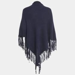 Pre Owned Max Mara Navy Blue Wool Knit Fringed Triangular Shawl 