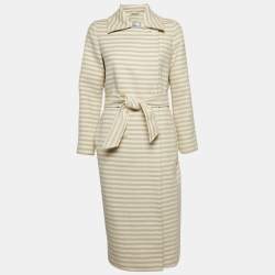 Max Mara Beige/White Stripe Wool Double Breasted Belted Trench Coat S