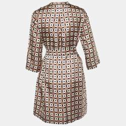 Pre Owned S'Max Mara Brown Geometric Print Silk Belted Shirt Dress S