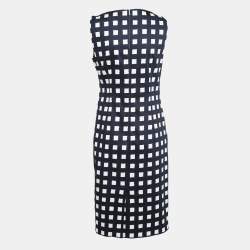 Pre Owned Max Mara Navy Blue Printed Stretch Cotton Midi Dress S
