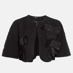 Max Mara Black Wool Front Open Ribbon Work Cropped Jacket S