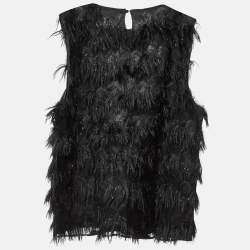 Pre Owned Max Mara Black Lurex Silk Fringed Sleeveless Top L