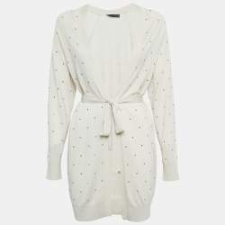 Max Mara Off White Embellished Knit Open Front Cardigan M