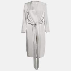 Pre Owned Max Mara Grey Crepe Fringe Cuff Detail Wrap Dress L