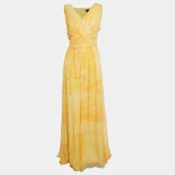 Max Mara Yellow Abstract Print Chiffon Silk Sleeveless Draped Gown L