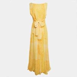 Max Mara Yellow Abstract Print Chiffon Silk Sleeveless Draped Gown L