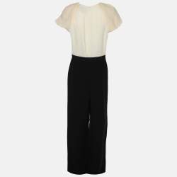Max Mara Cream/Black Fabric Short Sleeve Belted Jumpsuit M