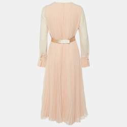 Pre Owned Max Mara Light Orange Pleated Georgette Belt Detail Sidra Midi Dress M