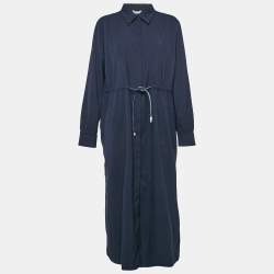 Max Mara Navy Blue Cotton Button Front Midi Dress L