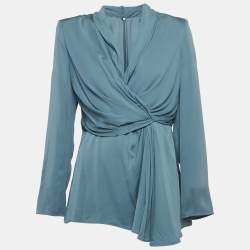 Pre Owned Max Mara Blue Silk Draped Long Sleeve Blouse M