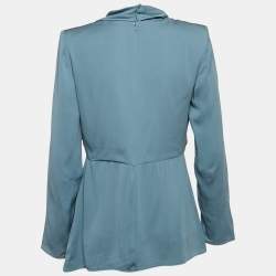Pre Owned Max Mara Blue Silk Draped Long Sleeve Blouse M