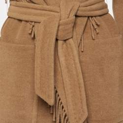 Max Mara Brown Camel Wool Fringed Wrap Coat S
