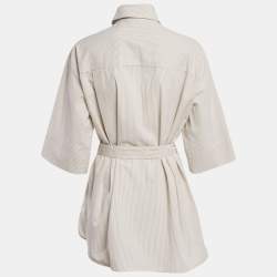 Max Mara Leisure Beige Seersucker Stripe Cotton Tie-Up Waist Detail Shirt L