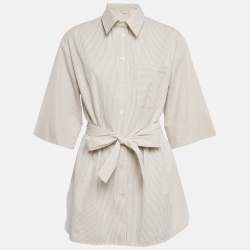 Max Mara Leisure Beige Seersucker Stripe Cotton Tie-Up Waist Detail Shirt L