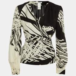 Max Mara Monochrome Printed Silk Wrap Top M