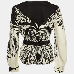 Max Mara Monochrome Printed Silk Wrap Top M