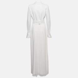 Pre Owned Max Mara White Satin and Silk Fringed Long Sleeve Maxi Dress M