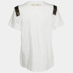 Pre Owned Max Mara White/Gold Patched Cotton Crew Neck T-Shirt L