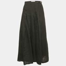 Max Mara Black Linen Pleated Maxi Wrap Skirt L