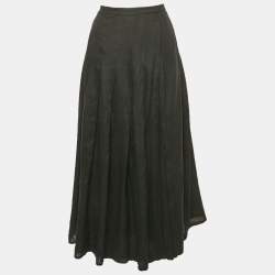 Max Mara Black Linen Pleated Maxi Wrap Skirt L