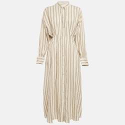 Pre Owned Max Mara Cream & Brown Striped Linen Cinched Waist Maxi Dress M
