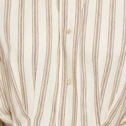 Pre Owned Max Mara Cream & Brown Striped Linen Cinched Waist Maxi Dress M