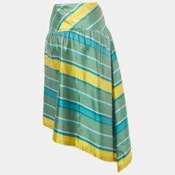 Pre Owned Max Mara Green/Yellow Striped Silk Midi Skirt M