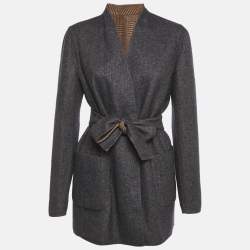 Pre Owned Max Mara Navy Blue & Brown Patterned Intarsia Wool Reversible Belt Coat M