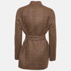 Pre Owned Max Mara Navy Blue & Brown Patterned Intarsia Wool Reversible Belt Coat M