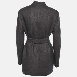 Pre Owned Max Mara Navy Blue & Brown Patterned Intarsia Wool Reversible Belt Coat M