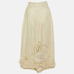 Pre Owned Max Mara Cream Linen Cut-work Detail Midi Skirt L