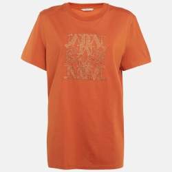 Pre Owned Max Mara Orange Lurex Logo Embroidery Cotton Crew Neck T-Shirt L