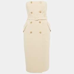 Pre Owned Max Mara Beige Crepe Strapless Double Breasted Midi Dress S 