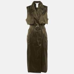 Pre Owned Max Mara Olive Green Silk Sleeveless Trench Midi Dress XL