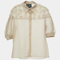 Pre Owned Max Mara Beige Floral Applique Organza Silk Sheer Shirt XS