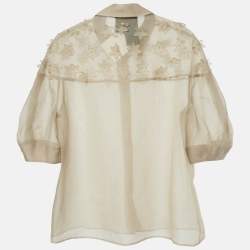 Pre Owned Max Mara Beige Floral Applique Organza Silk Sheer Shirt XS