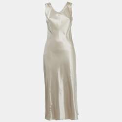 Pre Owned Max Mara Leisure Beige Satin Sleeveless Midi Dress S
