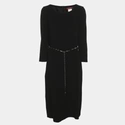 Pre Owned Max Mara Black Wool Blend Belted Midi Dress L