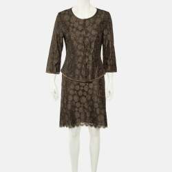 Pre Owned طقم بلوزة وتنورة ماكس مارا بني دانتيل بأزرار مقاس متوسط (ميديوم)