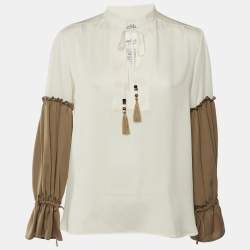 Pre Owned Max Mara Cream & Brown Silk Tie Detail Top S