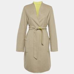 مملوكة مسبقًا Max Mara Beige/Neon Green Wool Belted Coat XL