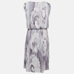 Pre Owned Max Mara Grey Printed Plisse Midi Dress M