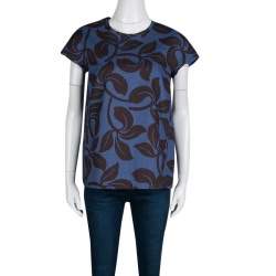 Pre Owned 'S Max Mara Blue and Black Leaf Printed Cap Sleeve Top M